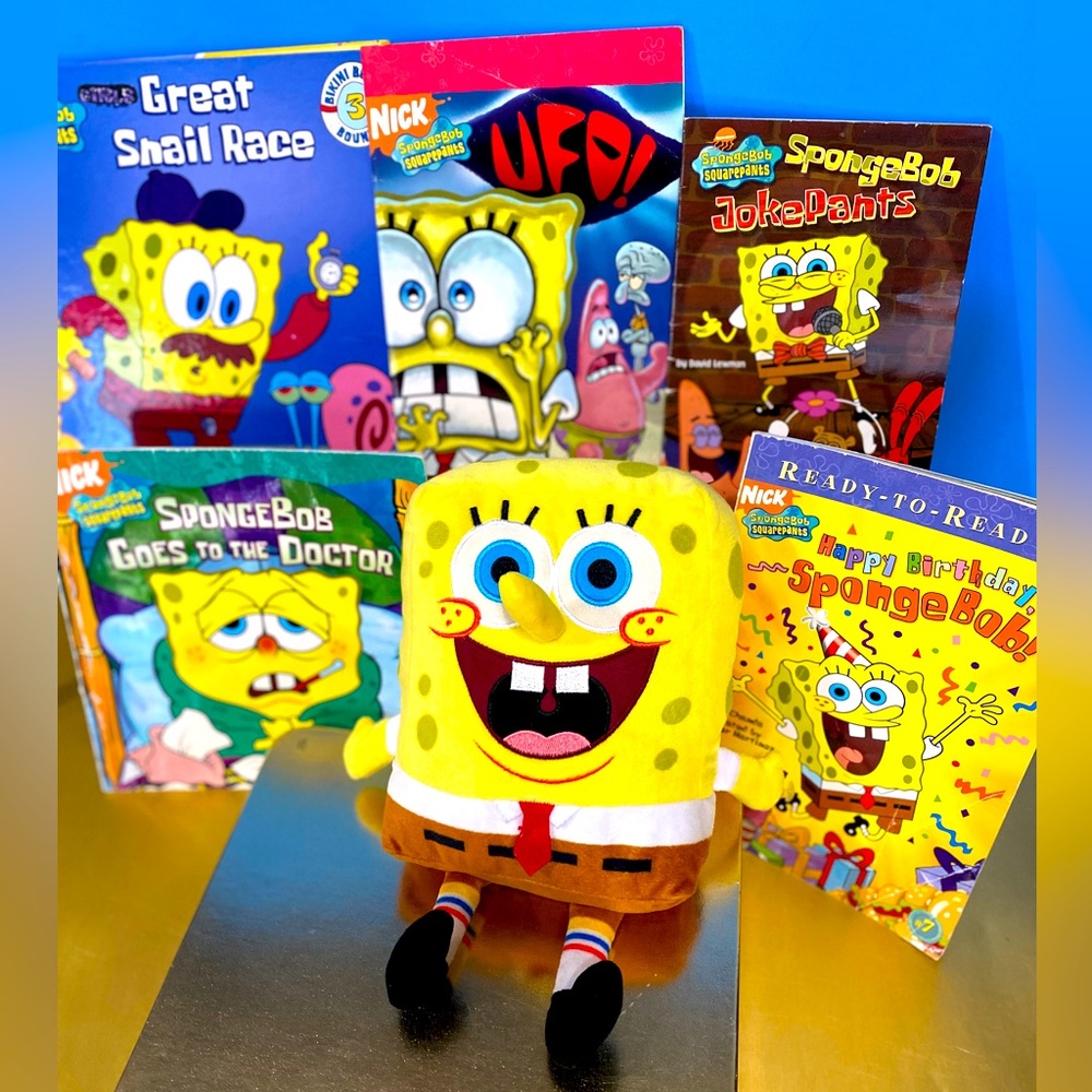 SPONGEBOB SQUAREPANTS NICK JR VINTAGE BUNDLE CUDDLE PLUSH & 5 SPONGEBOB BOOKS
